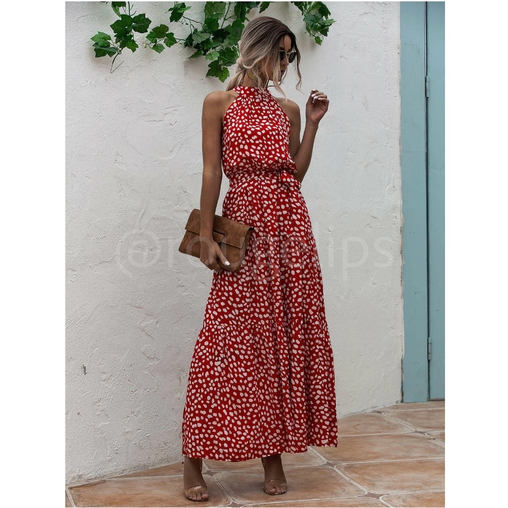 Spotted Print Maxi Dress Tie Belt High Neck White Red Long Flared Halter